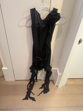 Elegant Black Mini Dress with Ruffle Rose Details